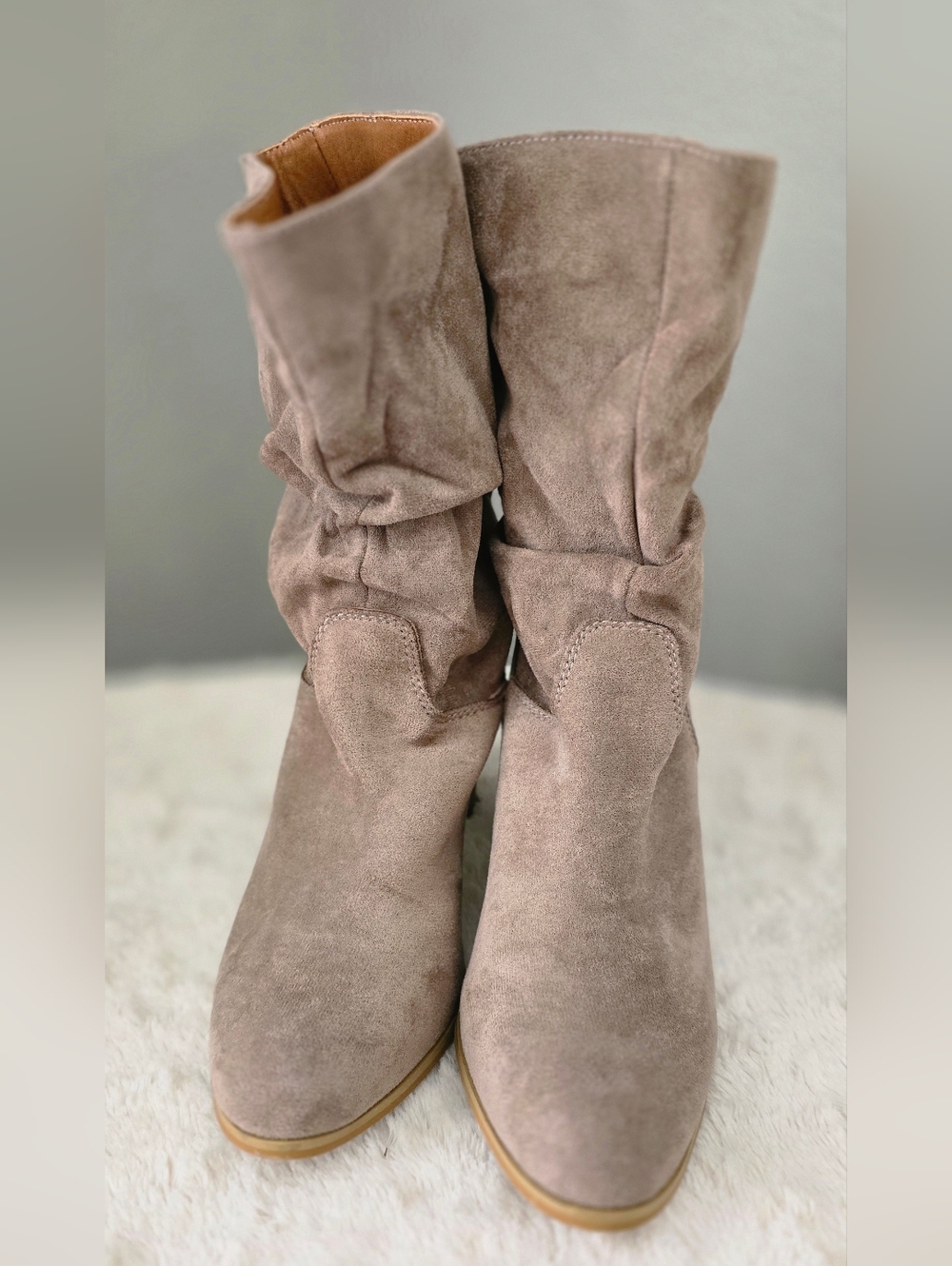 Suede Slouch Mid-Calf Heeled Boots in Taupe